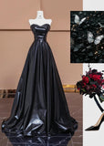 Black Sweetheart Neck A-Line Satin Long Prom Dresses Formal Evening Gowns HZ1024