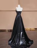Black Sweetheart Neck A-Line Satin Long Prom Dresses Formal Evening Gowns HZ1024