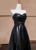 Black Sweetheart Neck A-Line Satin Long Prom Dresses Formal Evening Gowns HZ1024