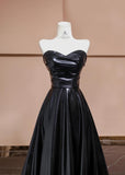 Black Sweetheart Neck A-Line Satin Long Prom Dresses Formal Evening Gowns HZ1024