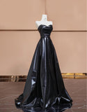 Black Sweetheart Neck A-Line Satin Long Prom Dresses Formal Evening Gowns HZ1024