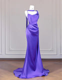 Purple Strap Mermaid Satin Backless Long Prom Dresses Formal Evening Gowns HZ1024