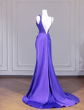 Purple Strap Mermaid Satin Backless Long Prom Dresses Formal Evening Gowns HZ1024