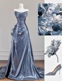 Black Grey V-neck A-line Long Prom Dresses Formal Evening Gowns With Pleats HZ1024