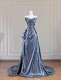 Black Grey V-neck A-line Long Prom Dresses Formal Evening Gowns With Pleats HZ1024