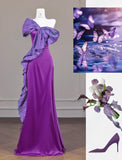 Purple One Shoulder Mermaid Satin Bow Long Prom Dresses Sweet Evening Gowns HZ1024