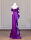 Purple One Shoulder Mermaid Satin Bow Long Prom Dresses Sweet Evening Gowns HZ1024