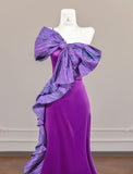 Purple One Shoulder Mermaid Satin Bow Long Prom Dresses Sweet Evening Gowns HZ1024