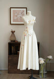 Off-White Spaghetti Strap A-Line Satin Embroidered Applique Party Dresses Sweet 16 Dress HZ1024