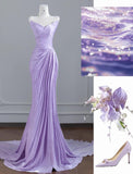 Purple Strapless Mermaid Pleated Train Prom Dresses Formal Evening Gowns HZ1024