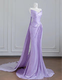 Purple Strapless Mermaid Pleated Train Prom Dresses Formal Evening Gowns HZ1024