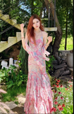 Pink Spaghetti Straps Printed Chiffon Mermaid Prom Dresses Vintage Backless Evening Gowns HZ1024