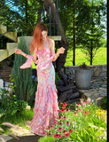 Pink Spaghetti Straps Printed Chiffon Mermaid Prom Dresses Vintage Backless Evening Gowns HZ1024