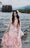 Pink Spaghetti Straps Printed Chiffon Mermaid Prom Dresses Vintage Backless Evening Gowns HZ1024