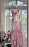Pink Spaghetti Straps Printed Chiffon Mermaid Prom Dresses Vintage Backless Evening Gowns HZ1024