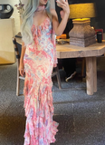 Pink Spaghetti Straps Printed Chiffon Mermaid Prom Dresses Vintage Backless Evening Gowns HZ1024