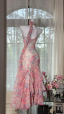 Pink Spaghetti Straps Printed Chiffon Mermaid Prom Dresses Vintage Backless Evening Gowns HZ1024