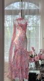 Pink Spaghetti Straps Printed Chiffon Mermaid Prom Dresses Vintage Backless Evening Gowns HZ1024