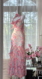 Pink Spaghetti Straps Printed Chiffon Mermaid Prom Dresses Vintage Backless Evening Gowns HZ1024