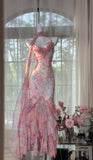 Pink Spaghetti Straps Printed Chiffon Mermaid Prom Dresses Vintage Backless Evening Gowns HZ1024