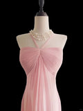 Pink Halter Neck Chiffon Mermaid Long Prom Dresses Formal Evening Gowns HZ1024