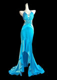 Blue Spaghetti Straps Hi-Lo Backless Satin Beaded Prom Dresses Elegant Evening Dress HZ1024
