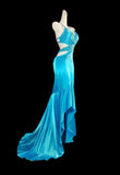 Blue Spaghetti Straps Hi-Lo Backless Satin Beaded Prom Dresses Elegant Evening Dress HZ1024