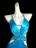 Blue Spaghetti Straps Hi-Lo Backless Satin Beaded Prom Dresses Elegant Evening Dress HZ1024