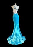 Blue Spaghetti Straps Hi-Lo Backless Satin Beaded Prom Dresses Elegant Evening Dress HZ1024