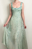 Green Beaded Spaghetti Straps Chiffon A-Line Long Prom Dresses Sweet Evening Gowns HZ1024