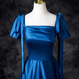 Blue Satin Square Neck A-Line Long Prom Dresses Formal Evening Gowns HZ1024