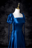 Blue Satin Square Neck A-Line Long Prom Dresses Formal Evening Gowns HZ1024