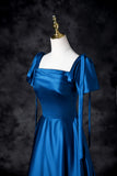 Blue Satin Square Neck A-Line Long Prom Dresses Formal Evening Gowns HZ1024