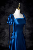 Blue Satin Square Neck A-Line Long Prom Dresses Formal Evening Gowns HZ1024