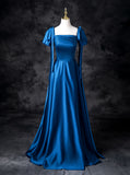 Blue Satin Square Neck A-Line Long Prom Dresses Formal Evening Gowns HZ1024