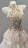 Halter Neck A-Line Sparkling Rhinestone Tulle Long Prom Dresses Formal Evening Gowns HZ1024