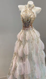 Halter Neck A-Line Sparkling Rhinestone Tulle Long Prom Dresses Formal Evening Gowns HZ1024