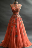 Deep Peach Half-Mount Neck Tulle Rhinestone A-Line Long Prom Dresses Formal Wedding Dress HZ1024