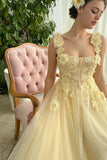 Butter Yellow Square Neck Tulle Applique A-Line Long Prom Dresses Formal Evening Gowns HZ1024
