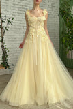 Butter Yellow Square Neck Tulle Applique A-Line Long Prom Dresses Formal Evening Gowns HZ1024