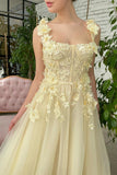 Butter Yellow Square Neck Tulle Applique A-Line Long Prom Dresses Formal Evening Gowns HZ1024