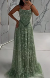 Green Tulle Beading Square Neck A-Line Long Prom Dresses Sweet 16 Evening Gowns HZ1024