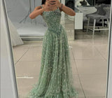 Green Tulle Beading Square Neck A-Line Long Prom Dresses Sweet 16 Evening Gowns HZ1024