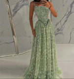 Green Tulle Beading Square Neck A-Line Long Prom Dresses Sweet 16 Evening Gowns HZ1024