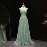 Green Tulle Beading Square Neck A-Line Long Prom Dresses Sweet 16 Evening Gowns HZ1024