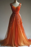 Orange V-Neck Tulle A-Line Sequins Long Prom Dresses Unique Evening Gowns HZ1024