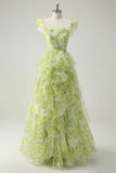 Light Sage Green Square Neck Printed Chiffon A-Line Long Prom Dresses Birthday Evening Gowns HZ1024