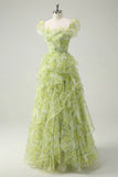 Light Sage Green Square Neck Printed Chiffon A-Line Long Prom Dresses Birthday Evening Gowns HZ1024