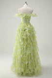 Light Sage Green Square Neck Printed Chiffon A-Line Long Prom Dresses Birthday Evening Gowns HZ1024