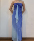 Gradient Blue Halter Neck Sheath Long Prom Dresses Elegant Party Dress HZ1024